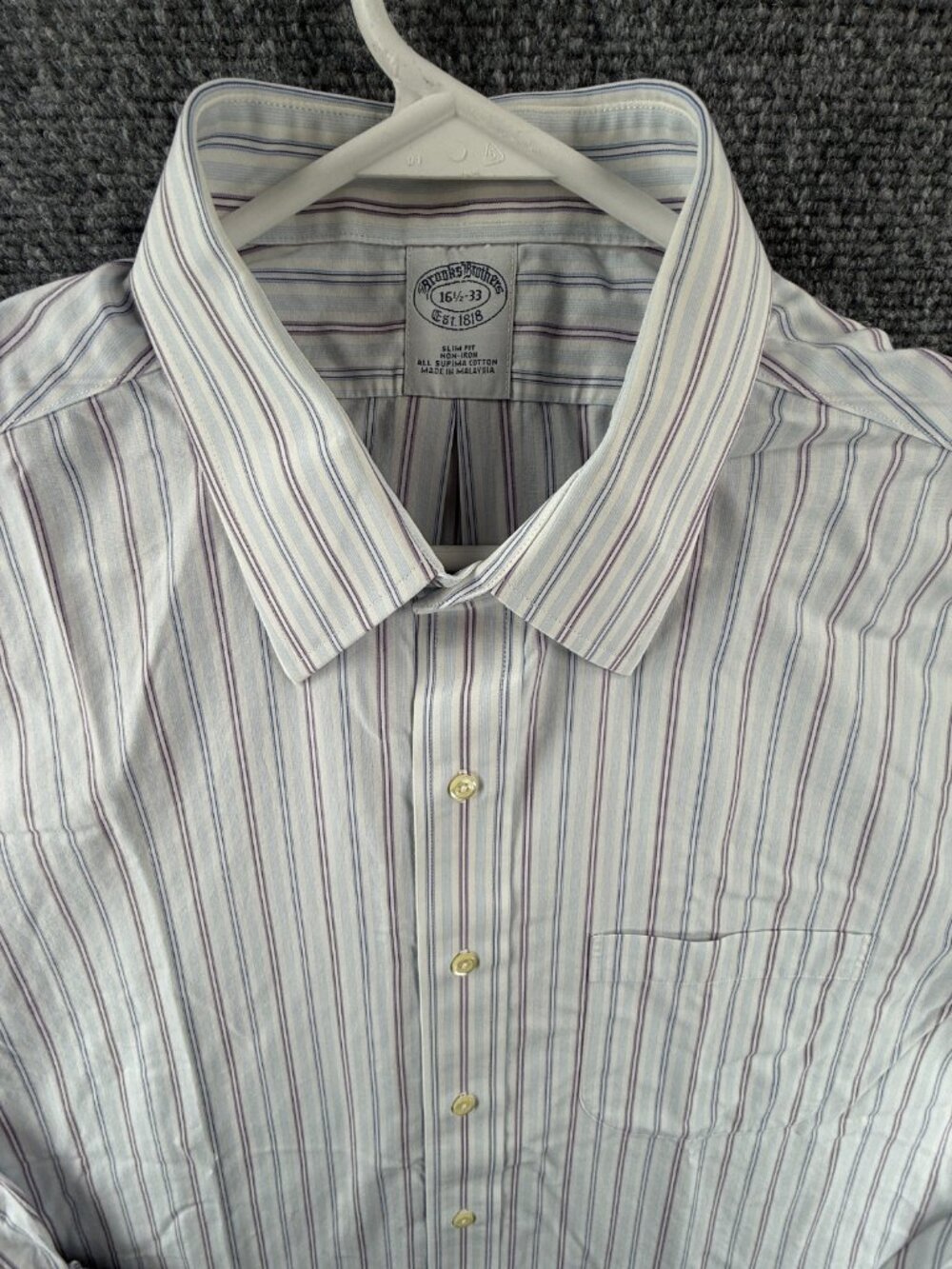 Brooks Brothers Blue White 16.5 33 Non-Iron Slim Cotton Striped Mens Pocket